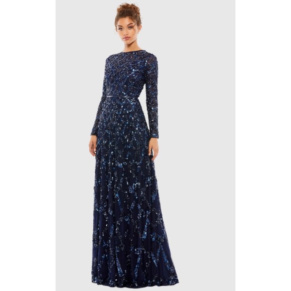 Mac Duggal Navy Embellished Illusion High Neck Long Sleeve A Line Gown Size 6